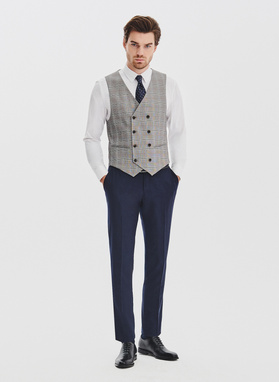 Szara dwurzędowa kamizelka męska w kratę