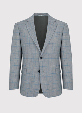 Szary garnitur męski w niebieską kratę