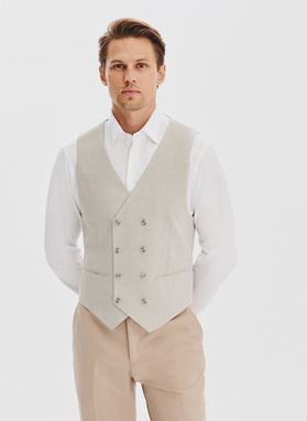 Beżowa dwurzędowa kamizelka w drobną kratę