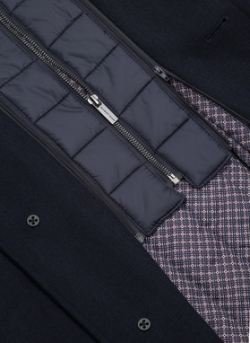 Granatowy wełniany płaszcz ze stójką