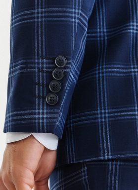 Granatowy garnitur męski w niebieską kratę