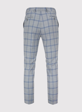 Szary garnitur męski w niebiesko-białą kratę