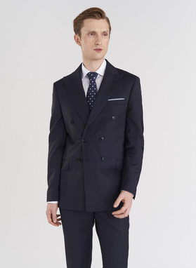 Granatowy garnitur dwurzędowy w subtelną kratę