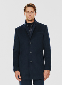 Granatowy płaszcz męski z odpinaną stójką