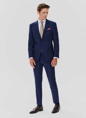 Dwuczęściowy granatowy garnitur męski w niebieską kratę