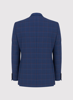 Dwuczęściowy granatowy garnitur męski w czerwono-białą kratę