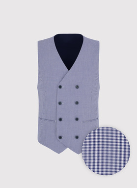 Granatowa dwurzędowa kamizelka w drobną kratę