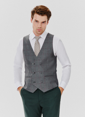 Szara dwurzędowa kamizelka męska w kratę