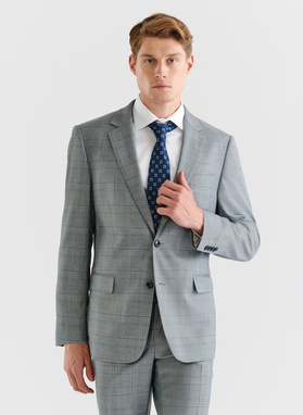 Szary garnitur męski w niebieską kratę