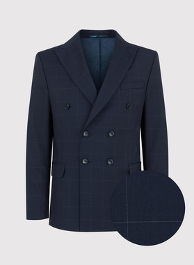 Granatowy garnitur dwurzędowy w subtelną kratę