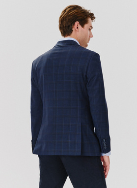Dwuczęściowy granatowy garnitur męski w kraciasty deseń
