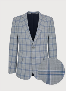 Szary garnitur męski w niebiesko-białą kratę