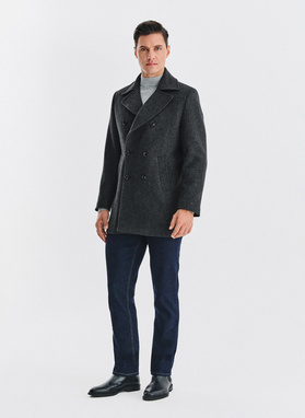 Szary płaszcz dwurzędowy z wełną