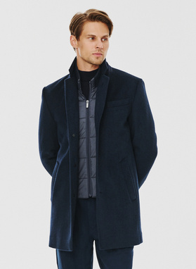Granatowy płaszcz męski z odpinaną stójką