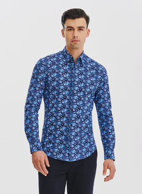 Granatowa dzianinowa koszula w kwiaty