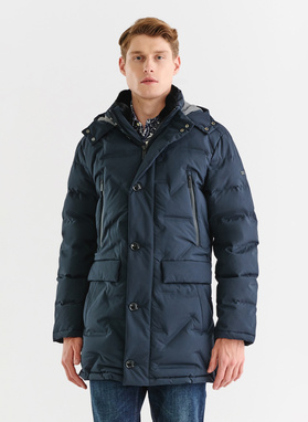 Granatowa pikowana kurtka z kapturem