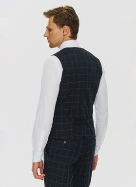 Trzyczęściowy granatowy garnitur męski w kratę