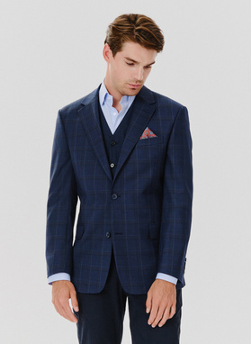 Dwuczęściowy granatowy garnitur męski w kraciasty deseń