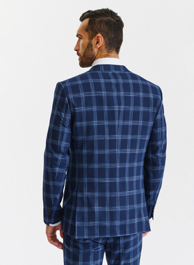 Granatowy garnitur męski w niebieską kratę