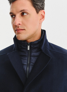 Granatowy wełniany płaszcz ze stójką