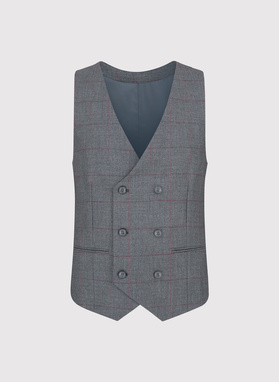 Szara dwurzędowa kamizelka męska w kratę