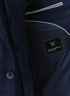 Dwuczęściowy granatowy garnitur męski w kraciasty deseń