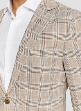 Beżowa marynarka w kratkę z lnem i bawełną