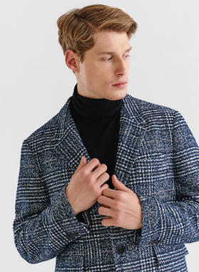 Granatowy męski płaszcz w kratę