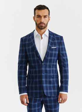 Granatowy garnitur męski w niebieską kratę