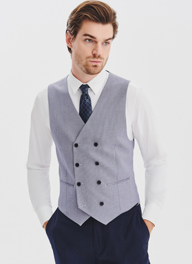 Granatowa dwurzędowa kamizelka w drobną kratę