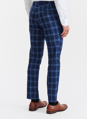 Granatowe spodnie garniturowe w niebieską kratę