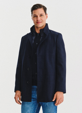 Granatowy wełniany płaszcz ze stójką