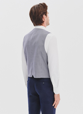 Granatowa dwurzędowa kamizelka w drobną kratę