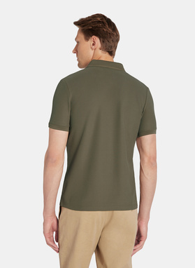 Oliwkowy t-shirt polo na guziczki