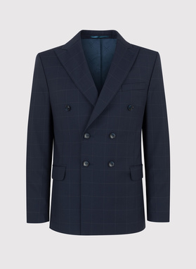 Granatowy garnitur dwurzędowy w subtelną kratę