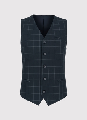 Trzyczęściowy granatowy garnitur męski w kratę