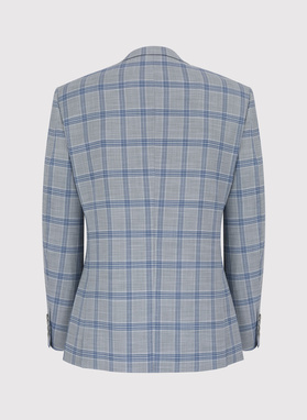 Szary garnitur męski w niebiesko-białą kratę