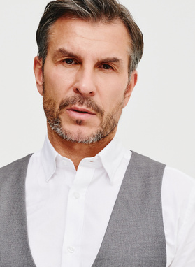 Szara dwurzędowa kamizelka męska