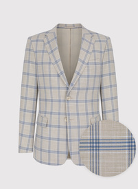 Beżowy garnitur w niebieską kratę