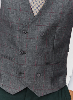 Szara dwurzędowa kamizelka męska w kratę