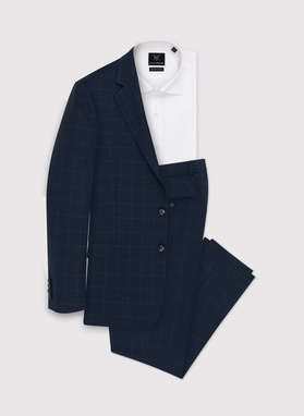 Granatowe spodnie garniturowe w delikatną kratę