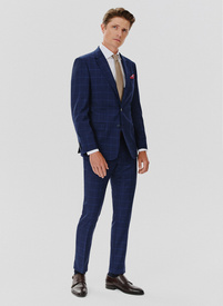 Dwuczęściowy granatowy garnitur męski w niebieską kratę