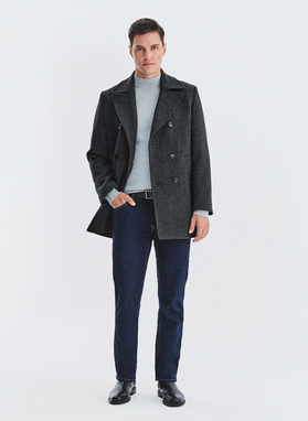 Szary płaszcz dwurzędowy z wełną