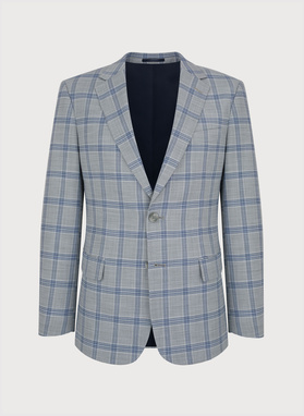 Szary garnitur męski w niebiesko-białą kratę