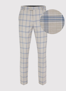 Beżowy garnitur w niebieską kratę