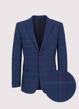 Dwuczęściowy granatowy garnitur męski w czerwono-białą kratę