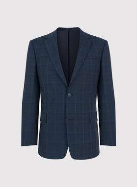 Dwuczęściowy granatowy garnitur męski w kraciasty deseń