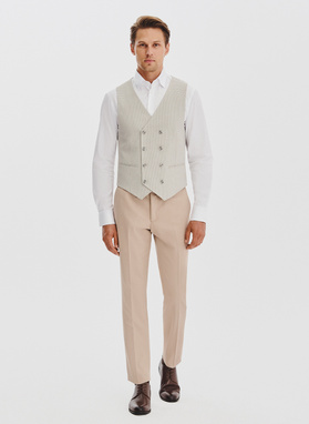 Beżowa dwurzędowa kamizelka w drobną kratę