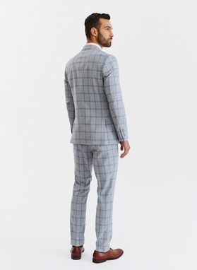 Szare spodnie garniturowe w niebiesko-białą kratę