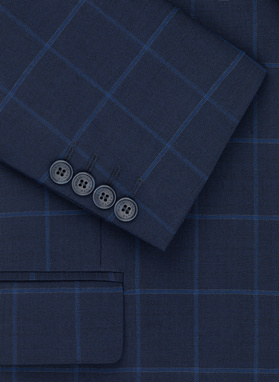 Dwuczęściowy granatowy garnitur męski w niebieską kratę